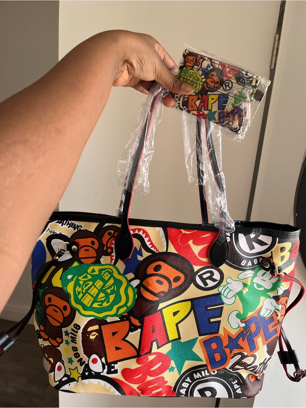 Bape Multicolor Cartoon Logo Tote with Matching Pouch